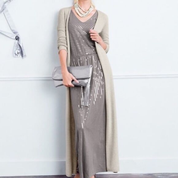 Garnet Hill sequin grey gray silver maxi dress - Picture 2 of 6